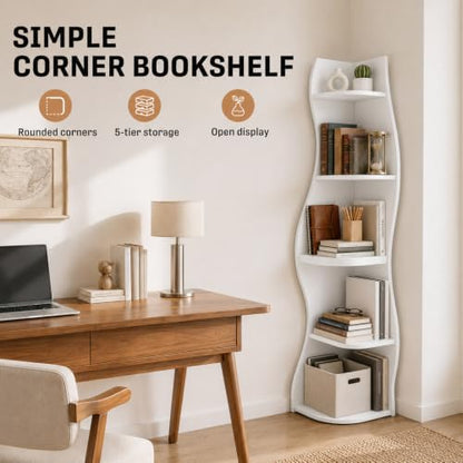 5‑Tier S‑Shaped Corner Shelf White Freestanding Curved Display Rack