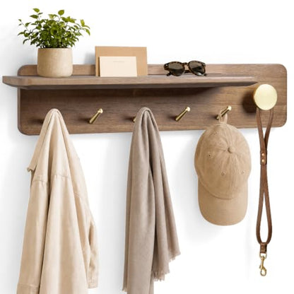 Wall Mount Coat Rack with Shelf and Brass Hooks - Solid Wood Entryway Organizer