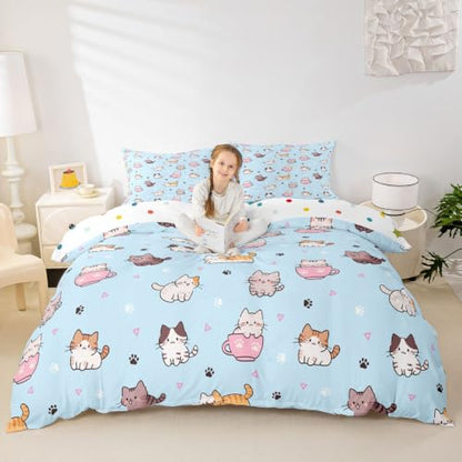 Castle Fairy Kawaii Cat Duvet Cover Set Full Size Blue 80x90 - Cartoon Animal Pet Bedding