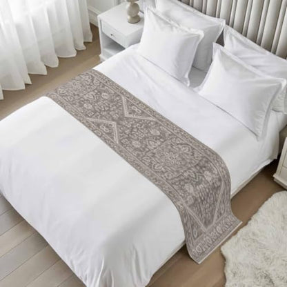 Gray Floral Bed Runner for Queen Size Bed 94x20 Inches - Rustic Satin Bedding Decor - Charcoal Taupe Variation