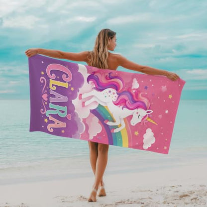 Personalized Unicorn Beach Towel for Girls - Custom Name Kids Pool & Sand Towel