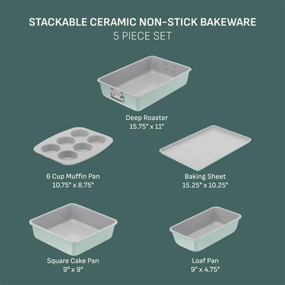 T-fal Ceramic Nonstick Baking Pans Set - 5 Pieces, Stackable Bakeware in Mint Green for Muffins & Roasting