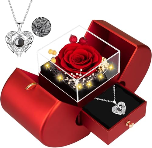 Red Preserved Rose Gift Box with LED Fairy Lights Romantic Keepsake for Women