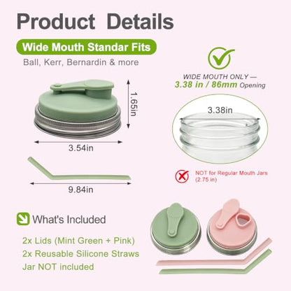 Wide Mouth Mason Jar Pour Spout Lids with Silicone Straws - 2 Pack