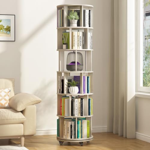 6-Tier Rotating Bookshelf Tower - Vintage White 360° Spin Storage
