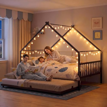 Full Daybed with Trundle House Style Black Metal Frame for Bedroom