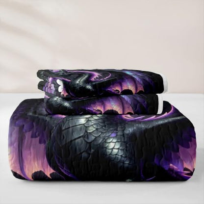 Manfei Purple Feather Dragon Quilt Set Queen Size Dark Purple Bedding with Pillow Shams