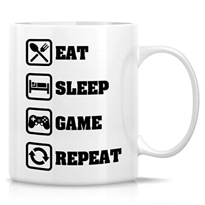 White Ceramic Gamer Mug 11 Oz - Eat Sleep Game Repeat - Funny Coffee Cup