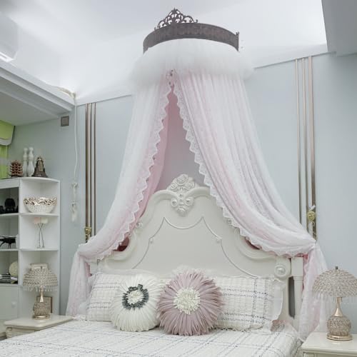 Princess Bed Canopy Double Layer Lace Bed Curtain with Metal Crown Frame - White+Pink