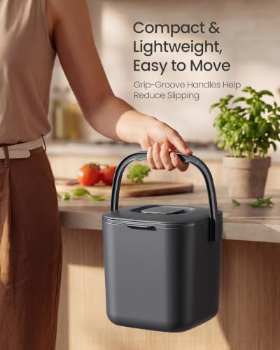 Dark Gray 1-Gallon Compost Bin with Strainer Basket for Kitchen Countertop