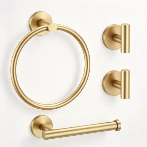 4-Piece Bathroom Towel Holder Set with Robe Hooks - Brushed Gold, Wall-Mounted