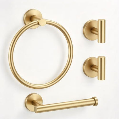 4-Piece Bathroom Towel Holder Set with Robe Hooks - Brushed Gold, Wall-Mounted