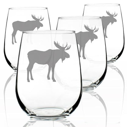 Moose Silhouette Stemless Wine Glass Set of 4 - 17 oz Cabin Gifts
