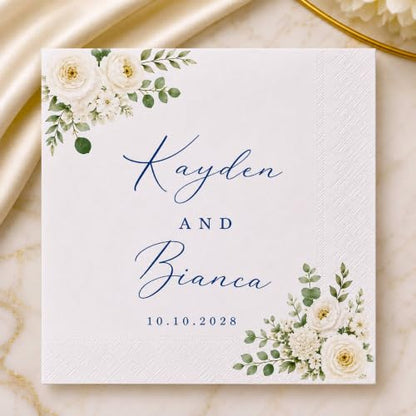 Personalized Wedding Cocktail Napkins PN1 - Wildflower Floral Custom Bridesmaid Beverage Papers, 4.8" & 6.5", Pack 50-1000