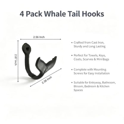 Antique Gold 4 Pack Whale Tail Wall Hooks Coastal Decor Rustic Iron Hangings