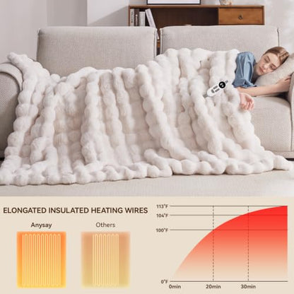 Electric Heated Blanket Throw with 6 Heat Levels and Auto-Off 50x60 White Faux Rabbit Fur
