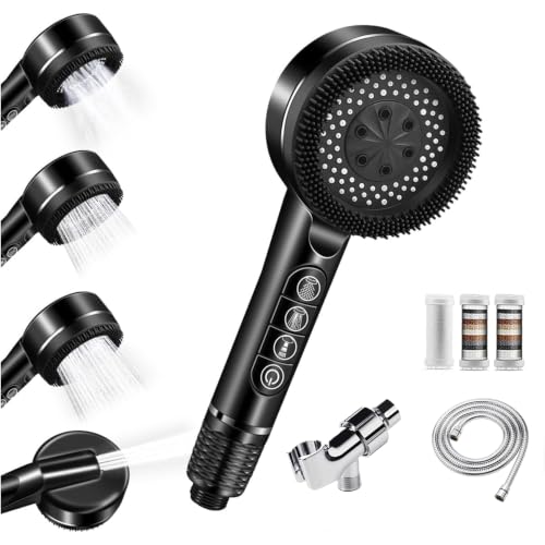 Jet Black High Pressure Shower Head with Handheld Filtered 4 Spray Modes & Pause Switch