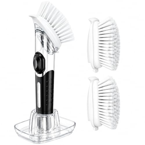 Soap Dispensing Dish Brush with Holder & Refill Heads - Kitchen Cleaning Tool