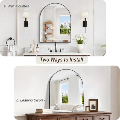 Black Arched Bathroom Mirror 24x30 Inch - Small Vanity Wall Mirror, Brushed Black