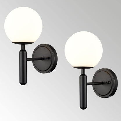 DIRYZON Modern Globe Wall Light Fixture Set of 2 Black Wall Sconces Bathroom Vanity Light with Opal Glass Shade for Living Room Bedside Stairs Mirror