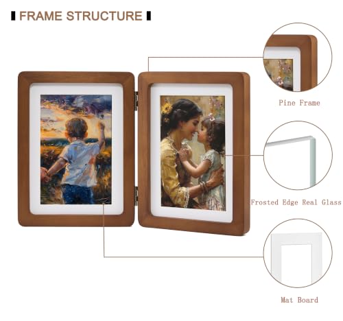 Walnut Hinged Double Picture Frame 2.5x3.5 with Real Glass - Free-Standing Tabletop Display