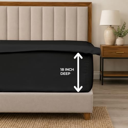Queen Zip-On Fitted Bed Sheet Set 600 TC Egyptian Cotton Black - 18" Deep