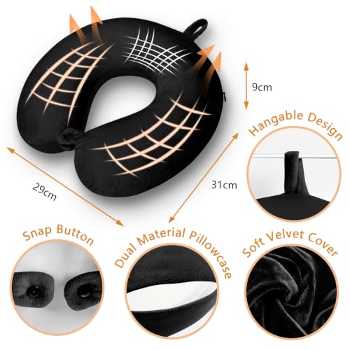 Travel Neck Pillow Memory Foam U Shape Airplane Pillow for Adults - Black