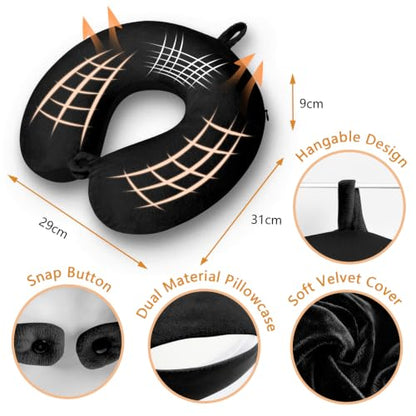 Travel Neck Pillow Memory Foam U Shape Airplane Pillow for Adults - Black