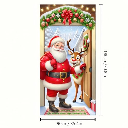 Christmas Door Cover Santa Reindeer Winter Wonderland 35x71 Inch Polyester
