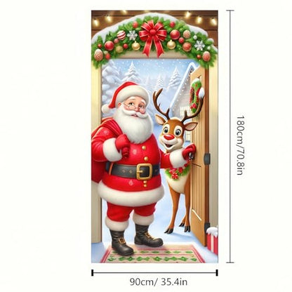 Christmas Door Cover Santa Reindeer Winter Wonderland 35x71 Inch Polyester