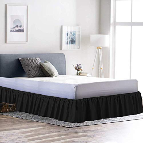 100% Cotton 600 Thread Count 1 Piece Dust Ruffle Bed Skirt 12" Drop Dust Ruffle with Platform, Gathered Styling (Twin Size, Black)