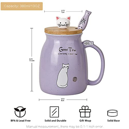 Cute Cat Mug Set of 4 with Lid & Fish Spoon - 15oz Kitchen Decor Gift