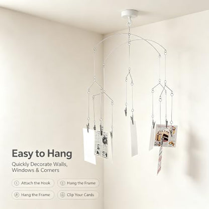 Hanging Photo Mobile with 10 Clips - Silver Rotating Wire Display for Photos