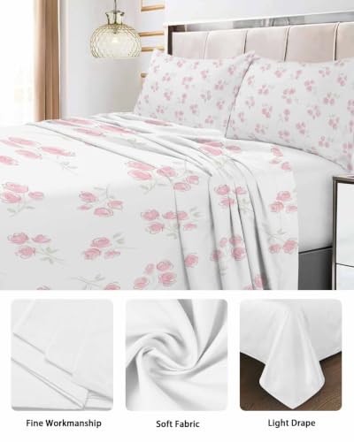 Full Size Pink Flowers Microfiber Flat Sheet - Spring Floral Bed Linen, 81x96, Easy Care, Farmhouse Style