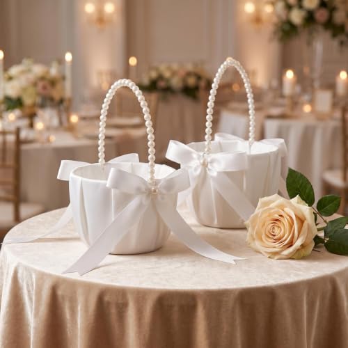 2 Pack Ivory Flower Girl Baskets for Wedding with Pearl Bow Handles
