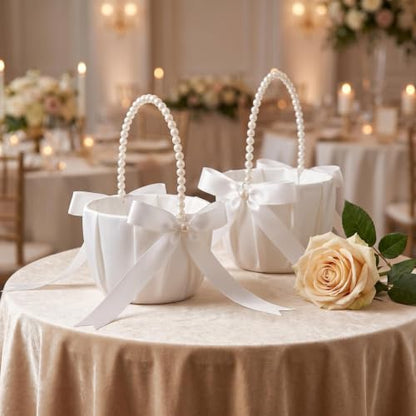 2 Pack Ivory Flower Girl Baskets for Wedding with Pearl Bow Handles