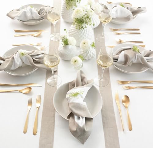 Natural & White Linen Table Runner 14 x 72 Inches - Solino Home