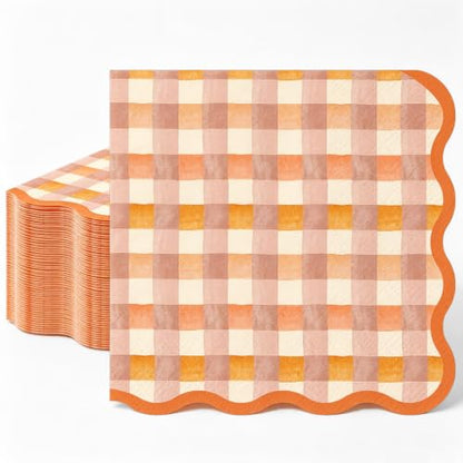 Fall Cocktail Napkins 50 Pack - Orange Brown Plaid Scalloped Edges