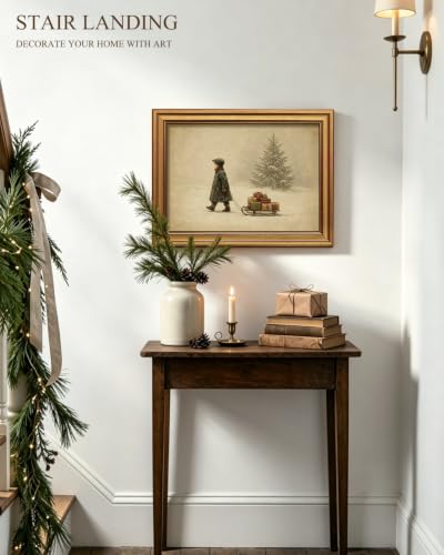 Christmas Wall Art - Vintage Winter Scene with Gold Frame, 12x16 Inch - Gift Sleigh Journey