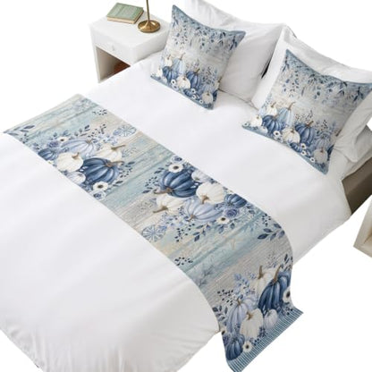 83 x 20 Inch Fall Bed Runner & Pillow Cover Set - Navy Blue Pumpkin Decor