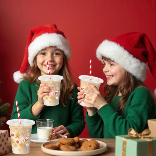 Christmas Plastic Cups with Lids & Straws - Gingerbread Man Design, 12oz, Pack of 50
