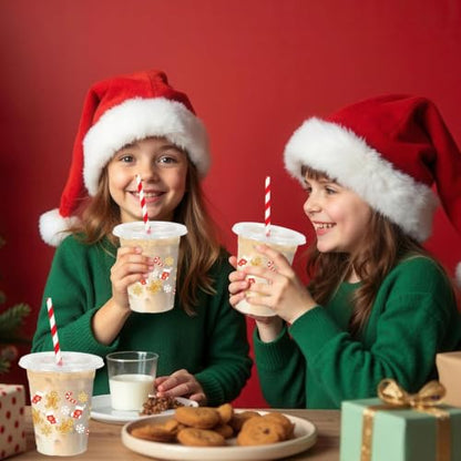 Christmas Plastic Cups with Lids & Straws - Gingerbread Man Design, 12oz, Pack of 50