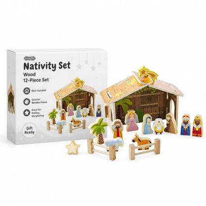 Nativity Scene Christmas Wooden Set with Barn - 12 Piece Holiday Decor