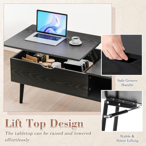 Wood Lift Top Coffee Table with Hidden Storage Shelf - Black, 39.5 In