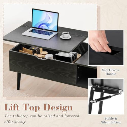 Wood Lift Top Coffee Table with Hidden Storage Shelf - Black, 39.5 In