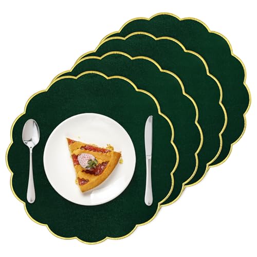Green Christmas Velvet Placemats Set of 4 - Scalloped Round Table Decor, 14.5 Inch, Washable & Heat Resistant