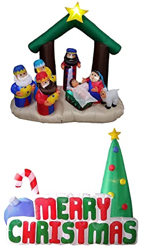 Christmas Inflatable Decorations Bundle - Nativity Scene & Christmas Tree with Lights, Indoor & Outdoor Party Decor