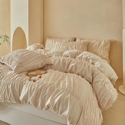 Twin Size Khaki Ruched Duvet Cover - Microfiber Bedding with Elegant Gathered Texture
