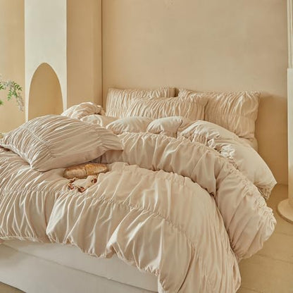 Twin Size Khaki Ruched Duvet Cover - Microfiber Bedding with Elegant Gathered Texture
