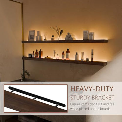 Walnut 60 Inch LED Floating Wall Shelves Set of 2 - Rustic Wooden Shelves for Living Room Bedroom Kitchen Gaming Room